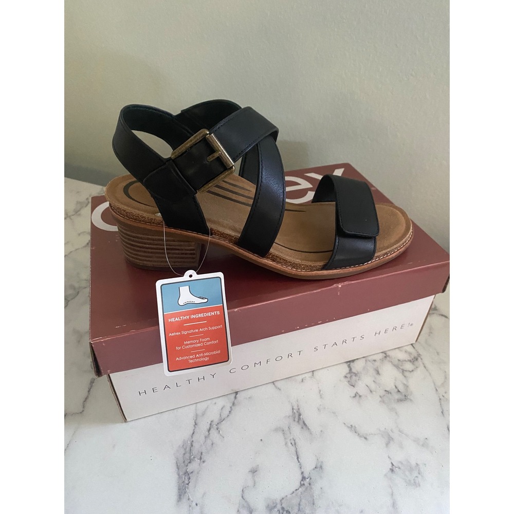 Aetrex Black Leather Arch Support Strappy Block Heel Sandals New
